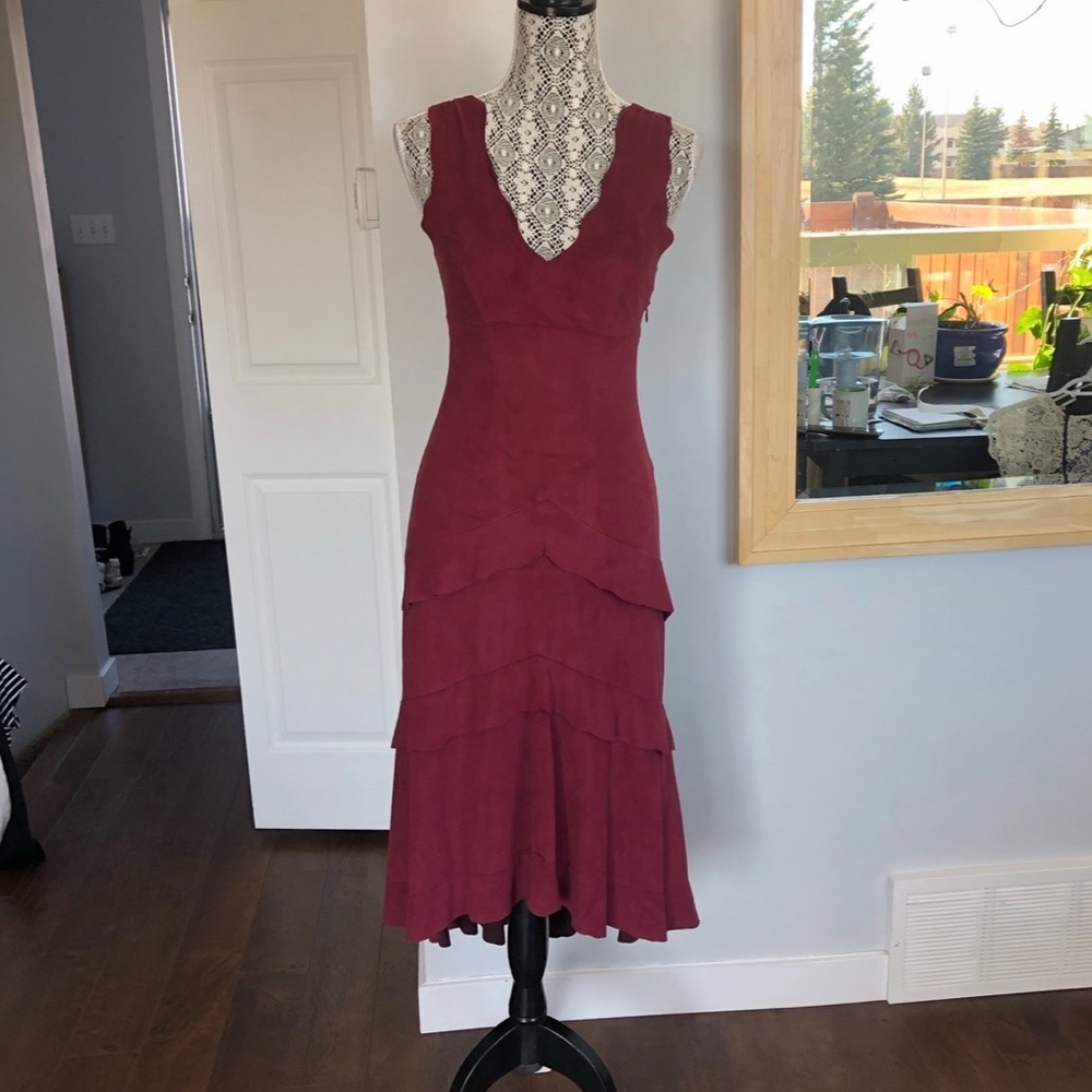 Vintage Bebe Suede Tiered Layered High Low Dress. Small. Burgundy.